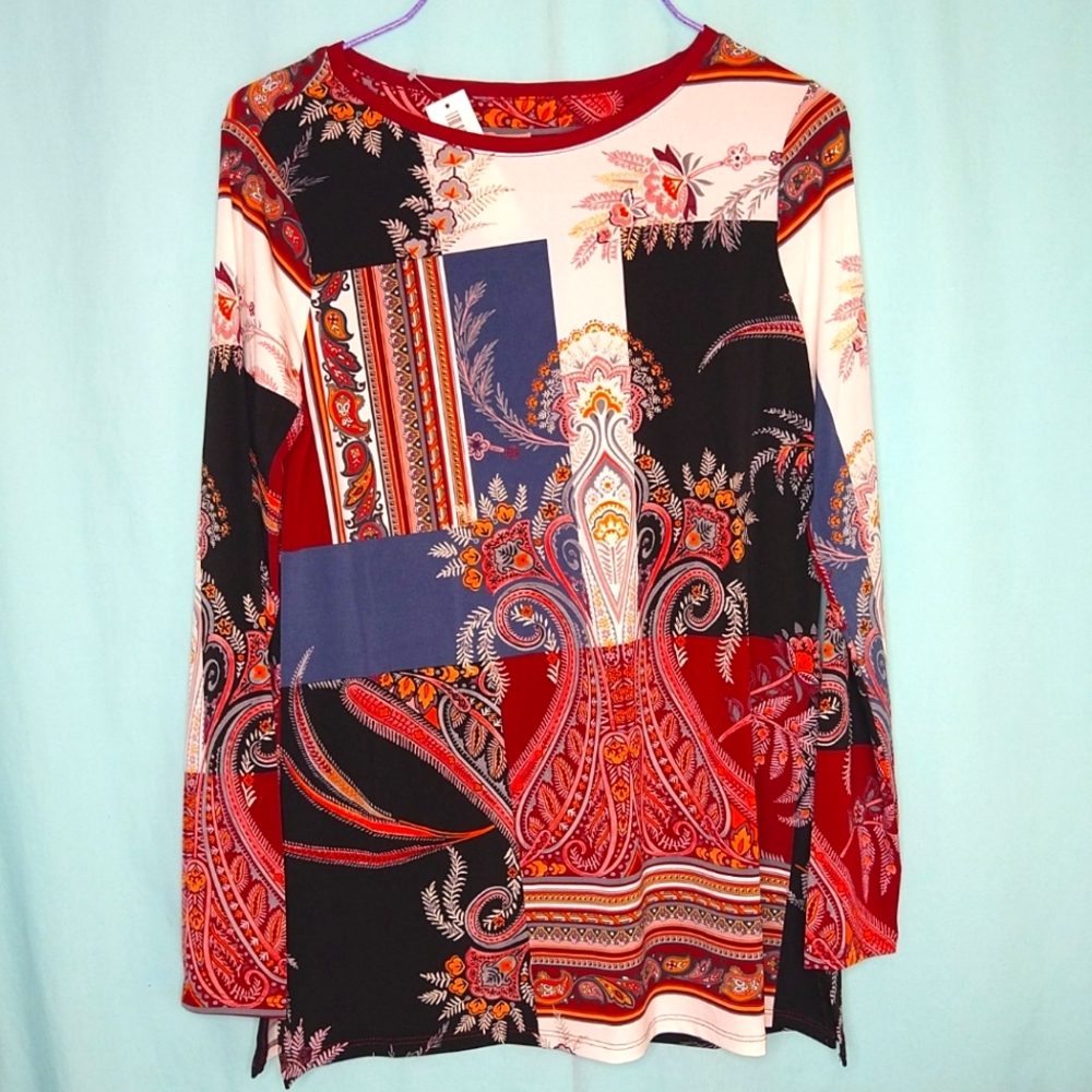 Chico's 00 tunic top patchwork scoop neck LS knit pattern blouse XS